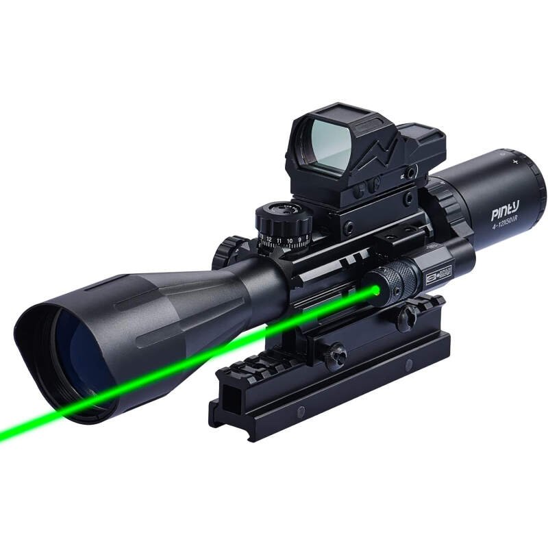PINTY Rifle Scope Red Dot Laser Combo 4-12×50 Illuminated Optics with 4 Reticle Red Green Reflex Sight, Green Dot Laser Sight