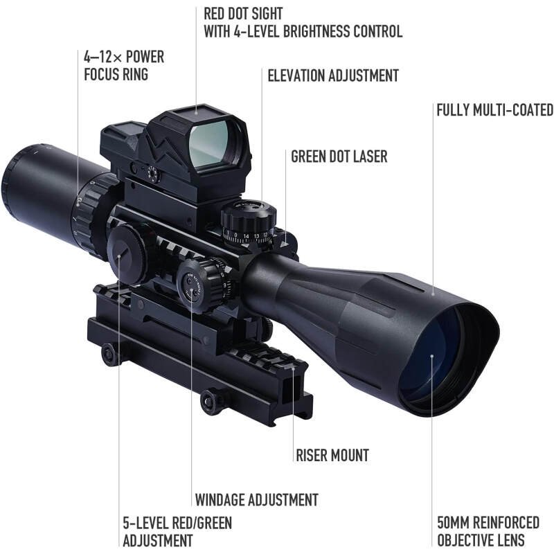 PINTY Rifle Scope Red Dot Laser Combo 4-12×50 Illuminated Optics with 4 Reticle Red Green Reflex Sight, Green Dot Laser Sight