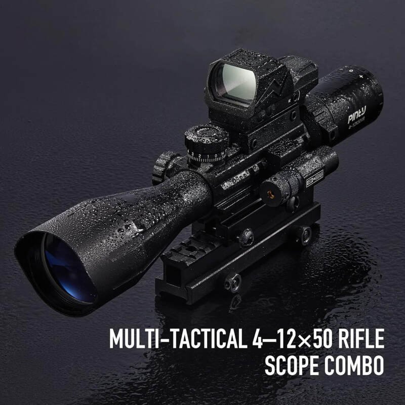 PINTY Rifle Scope Red Dot Laser Combo 4-12×50 Illuminated Optics with 4 Reticle Red Green Reflex Sight, Green Dot Laser Sight
