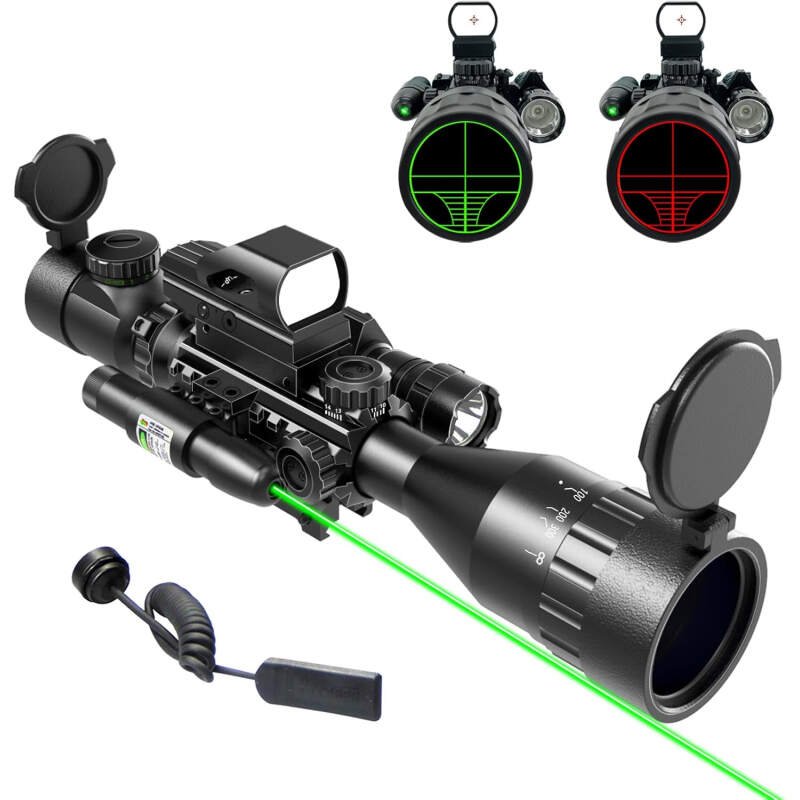 UUQ 4-12&16X50 AO Rifle Scope Red/Green Illuminated Range Replaceer Reticle W/Green Laser – Holographic Reflex Red Dot Sight – 5 Brightness Modes Flashlight