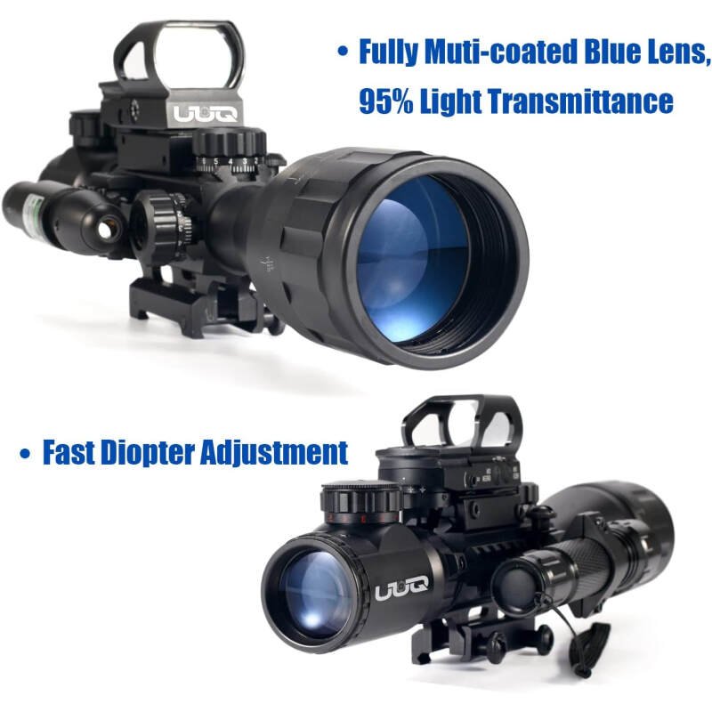 UUQ 4-12&16X50 AO Rifle Scope Red/Green Illuminated Range Replaceer Reticle W/Green Laser – Holographic Reflex Red Dot Sight – 5 Brightness Modes Flashlight