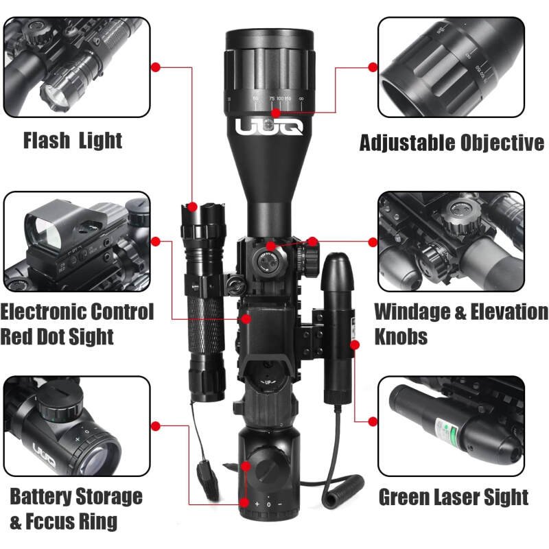 UUQ 4-12&16X50 AO Rifle Scope Red/Green Illuminated Range Replaceer Reticle W/Green Laser – Holographic Reflex Red Dot Sight – 5 Brightness Modes Flashlight