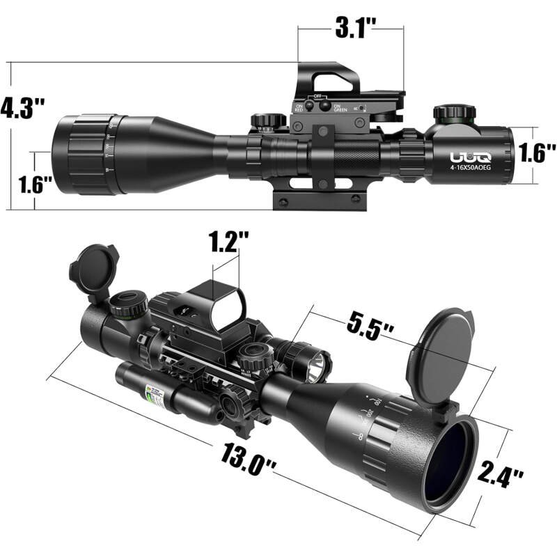 UUQ 4-12&16X50 AO Rifle Scope Red/Green Illuminated Range Replaceer Reticle W/Green Laser – Holographic Reflex Red Dot Sight – 5 Brightness Modes Flashlight