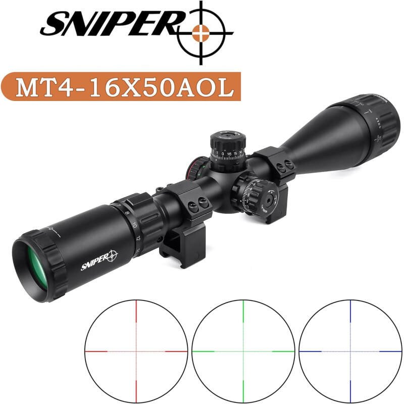 SNIPER MT 4-16X50 AOL Hunting Rifle Scope/Red, Green Illuminated Mil Dot Reticle/Fully Multi-Coated Lens/Adjustable Objective