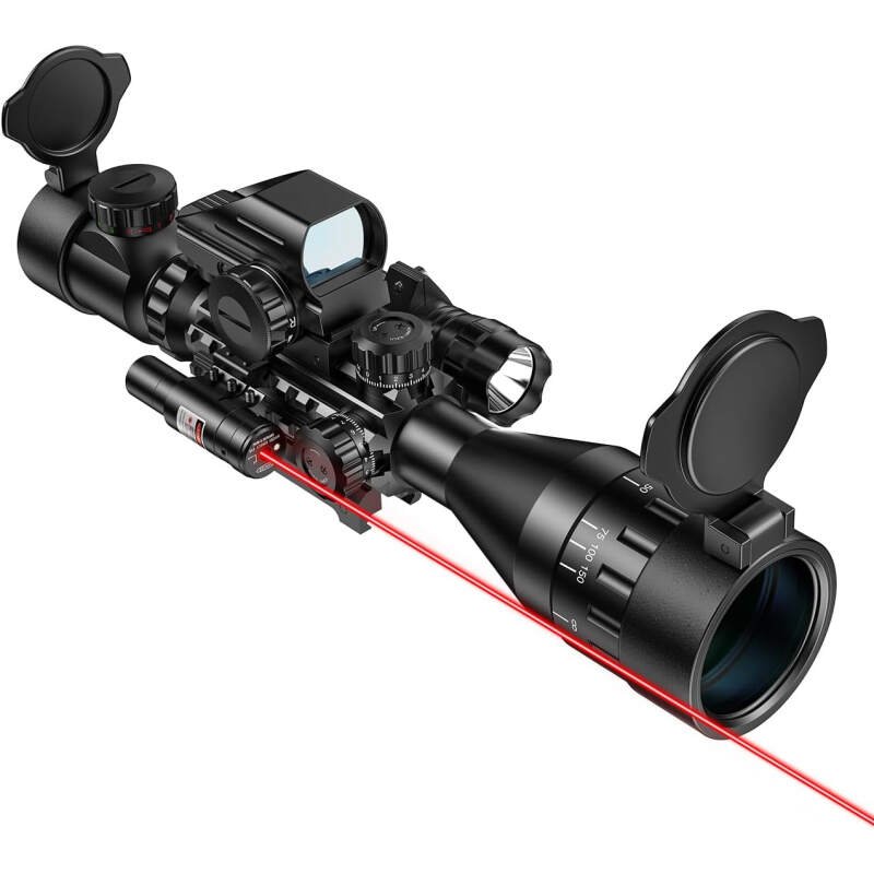 MidTen 4-16×50 AO Tactical Rifle Scope Dual Illuminated Optics & Illuminated Reflex Sight 4 Holographic Reticle Red/Green Dot Sight & Laser Sight & Flashlight