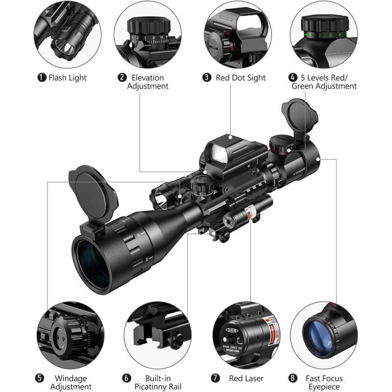MidTen 4-16×50 AO Tactical Rifle Scope Dual Illuminated Optics & Illuminated Reflex Sight 4 Holographic Reticle Red/Green Dot Sight & Laser Sight & Flashlight