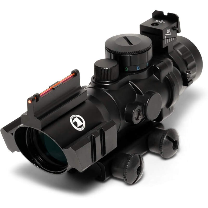 4X 32 Compact Tactical Scope with 3 Color (Red Green or Blue) Range Replaceer Sight (Mil-Dot or MOA Options) and Naturally Illuminated Fiber Optic Iron Sight