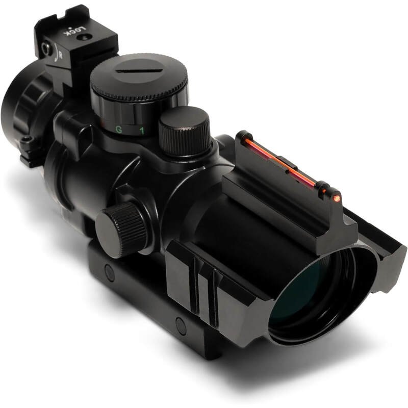 4X 32 Compact Tactical Scope with 3 Color (Red Green or Blue) Range Replaceer Sight (Mil-Dot or MOA Options) and Naturally Illuminated Fiber Optic Iron Sight