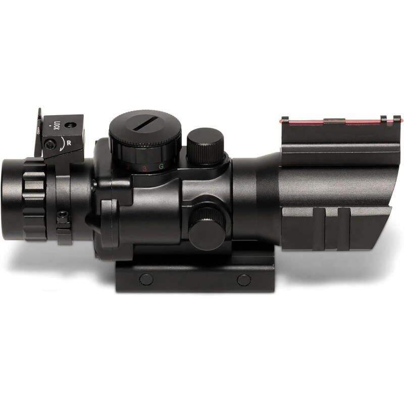 4X 32 Compact Tactical Scope with 3 Color (Red Green or Blue) Range Replaceer Sight (Mil-Dot or MOA Options) and Naturally Illuminated Fiber Optic Iron Sight