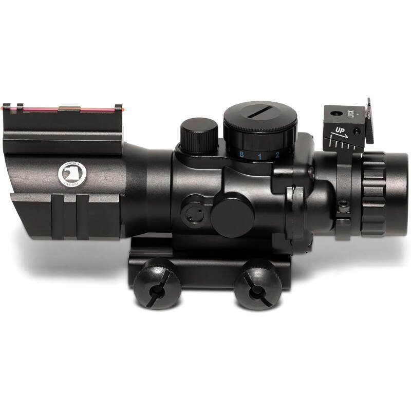 4X 32 Compact Tactical Scope with 3 Color (Red Green or Blue) Range Replaceer Sight (Mil-Dot or MOA Options) and Naturally Illuminated Fiber Optic Iron Sight
