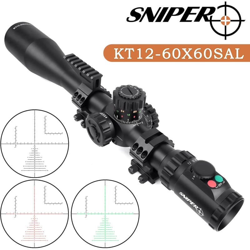 Sniper KT12-60X60SAL Long Range Rifle Scope 35mm Tube Side Parallax Adjustment Glass Etched Reticle Red Green Illuminated with Scope Rings