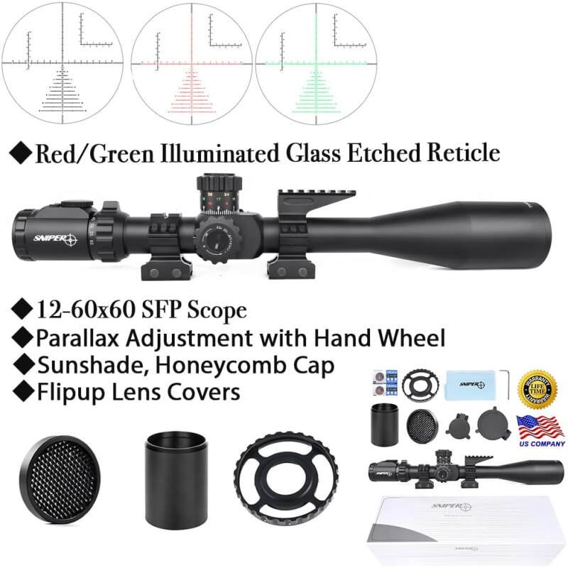 Sniper KT12-60X60SAL Long Range Rifle Scope 35mm Tube Side Parallax Adjustment Glass Etched Reticle Red Green Illuminated with Scope Rings