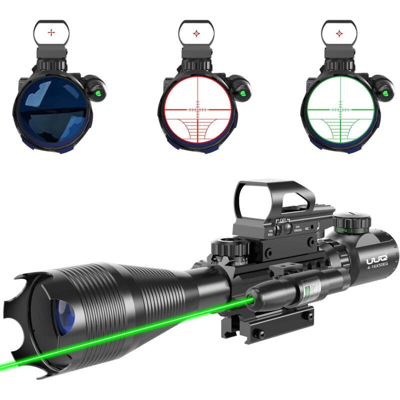 UUQ 4-16×50 Tactical Rifle Scope Red/Green Illuminated Range Replaceer Reticle W/Laser Sight and Holographic Reflex Dot Sight