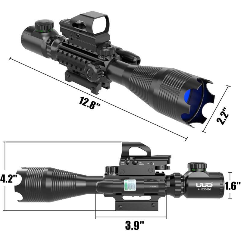 UUQ 4-16×50 Tactical Rifle Scope Red/Green Illuminated Range Replaceer Reticle W/Laser Sight and Holographic Reflex Dot Sight