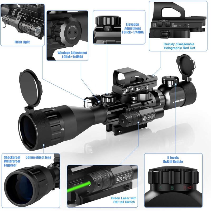 4-16x50AO Rifle Scope Combo Red/Green Dual Illuminated with Green Laser 4 Holographic Reticle Red Dot 5Modes Flashlight for Rail Mount