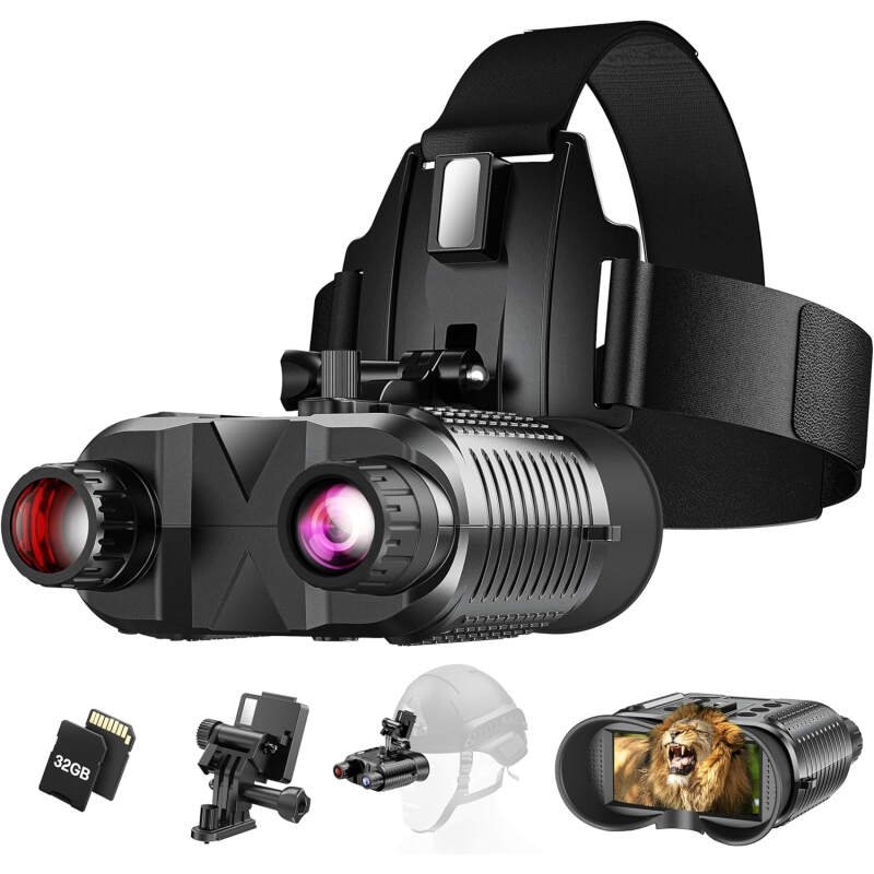 Night Vision Goggles Head Mounted, 1312FT Night Vision Binoculars Compatible with Military Tactical Helmet, Infrared Long Focus 8X Digital Zoom/32GB SD Card, black