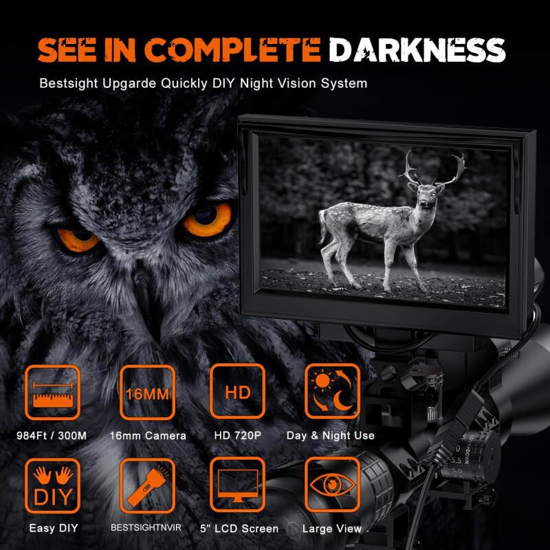 BESTSIGHT Night Vision Scope,DIY Night Vision(Day and Night),Quick Installation Barrle,5″ Display Screen with 5w 850nm Infrared Illuminator,View 200m in Night,for 38-44mm Eyepiece Scope (TMNV01P)