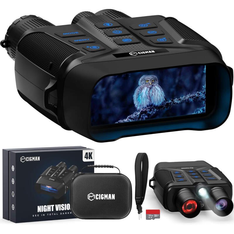 CIGMAN 4K Night Vision Goggles, 3.99″ Large Screen, 5000mAh Battery (Up to 18 Hours), f/1.0 Large Aperture, 32GB Memory Card for Photos and Videos, Flashlight, 5X Zoom, Compass