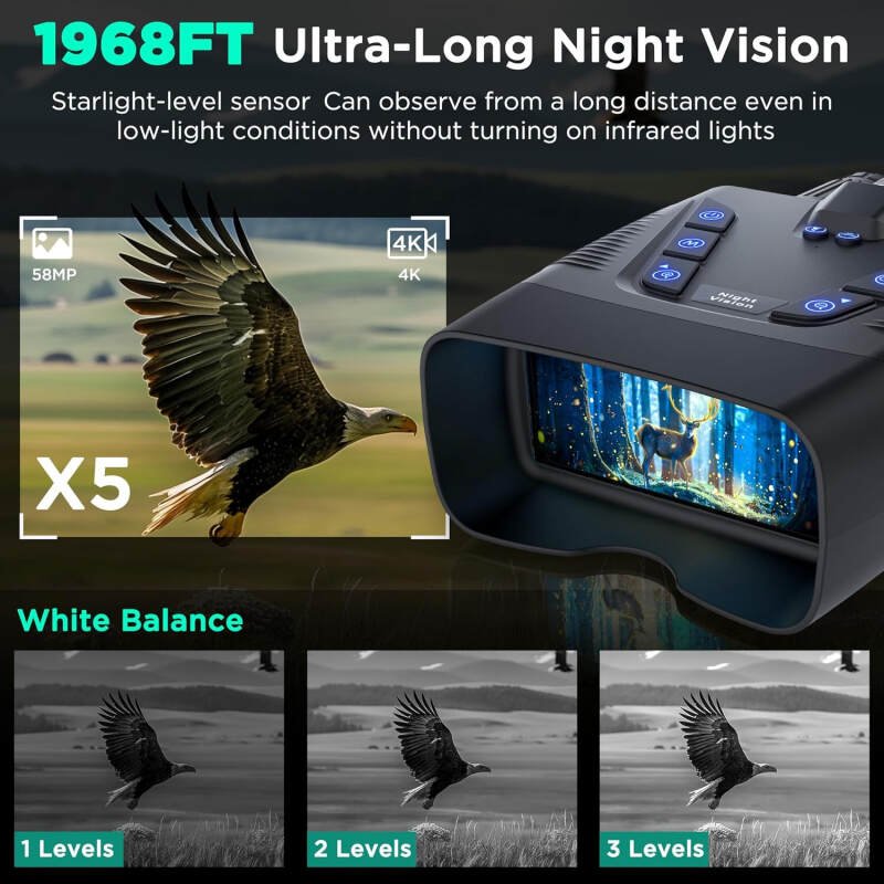 Night Vision Goggles, 58MP Full-Color 4K Night Vision Binoculars with 10000mAh Fast Charging Battery, 64GB Card, 3.99″ Screen and 1968FT Viewing Range for Camping Hunting & Security(Black)