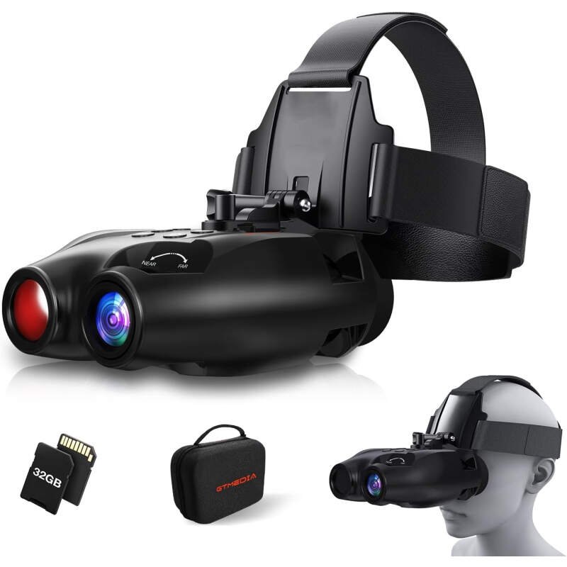 Night Vision Goggle Head Mounted Hands Free Infrared Night Vision Binoculars USB Rechargeable Night Vision Goggle with Head Strap 5X Digital Zoom 32GB SD Card Compatible with Helmet