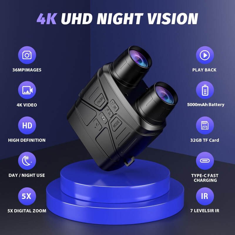 Night Vision Goggles – 4K Night Vision Binoculars with 5000mAh Rechargeable Battery, 32GB TF Card can Save Photo and Video, 3” HD Screen for Camping & Security, Black