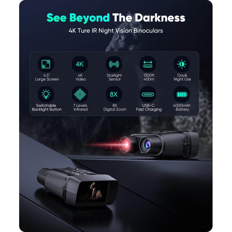 Night Vision Goggles – 4K Night Vision Binoculars for Adults, 4.5” HD Screen with 8X Digital Zoom, Includes 32GB TF Card to Save Photos and Videos, Ideal for Camping, Hunting & Security