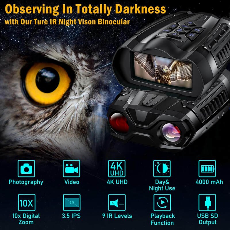 Night Vision Goggles,4K Night Vision Binoculars for Adult with 3.5″ HD Screen,32GB TF Card for Photo and Video,9 Gear Infrared and 10X Digital Zoom for Outdoor Enthusiasts and Animal Watchers