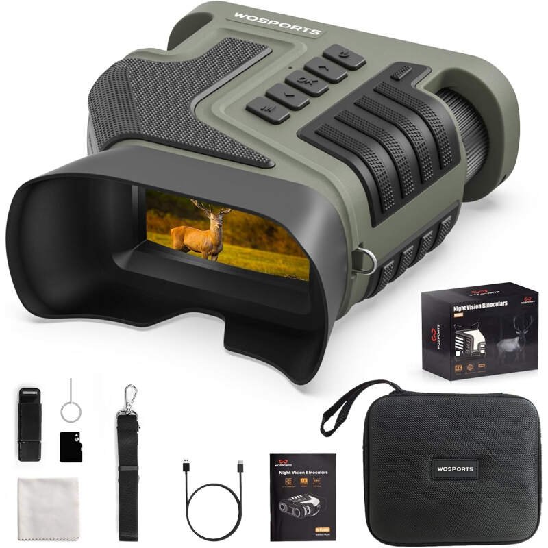 WOSPORTS Night Vision Binoculars 4K Night Vision Goggles 1315FT 10X Optical Zoom 8X Digital Zoom Rechargeable NVG with 3” Screen and 32GB TF Card Bird Watching, Outdoors, Photo, Video