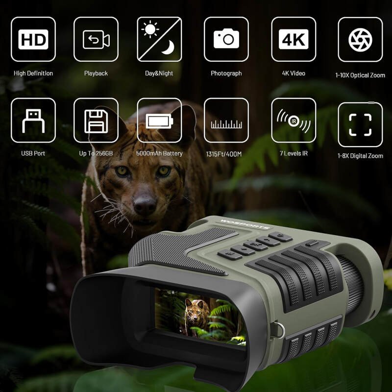 WOSPORTS Night Vision Binoculars 4K Night Vision Goggles 1315FT 10X Optical Zoom 8X Digital Zoom Rechargeable NVG with 3” Screen and 32GB TF Card Bird Watching, Outdoors, Photo, Video