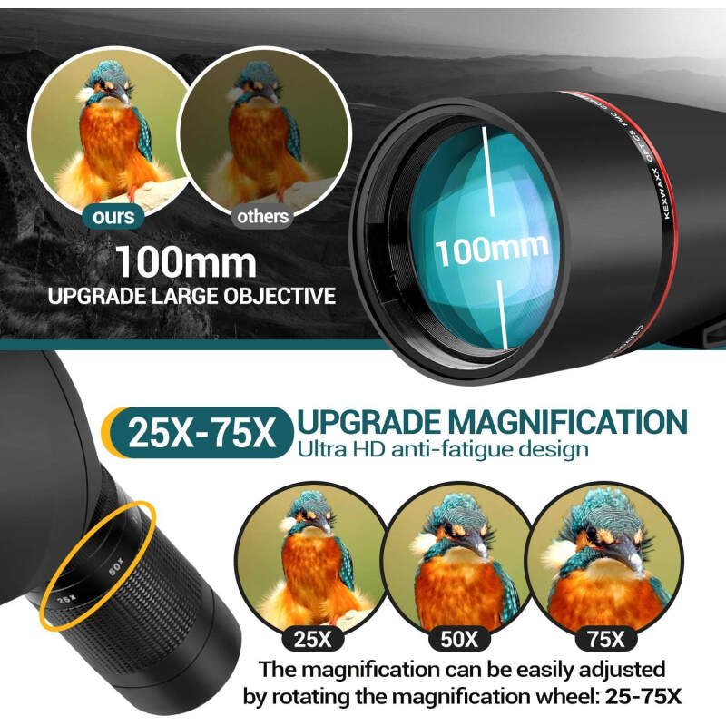 Spotting Scopes 100MM 25-75X HD Monocular Telescope for Bird Watching & Hunting & Target Shooting with Tripod, Phone Adapter, Carrying Bag
