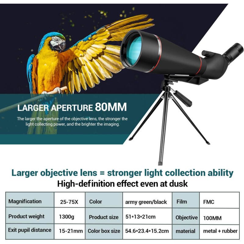 Spotting Scopes 100MM 25-75X HD Monocular Telescope for Bird Watching & Hunting & Target Shooting with Tripod, Phone Adapter, Carrying Bag