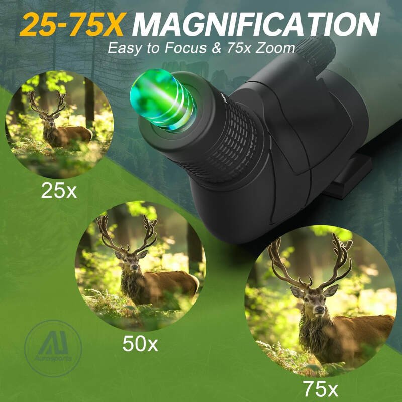 25-75X80 Spotting Scope for Target Shooting – Aurosports BAK4 High Definition Scopes with Tripod & Phone Adapter – Waterproof Spotter Scope for Hunting Bird Watching Wildlife Viewing