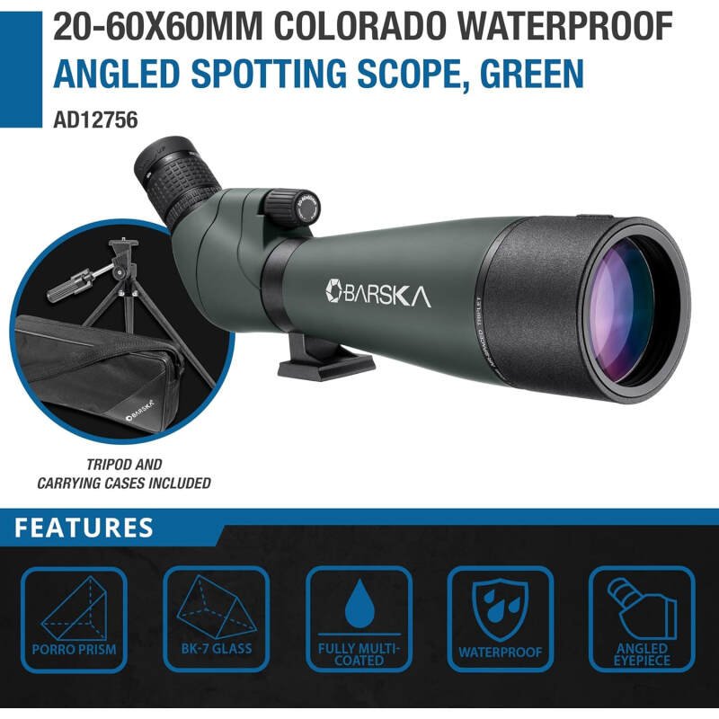 Barska AD12756 Colorado 20-60×80 Waterproof Spotting Scope for Birding and Target Shooting, Green