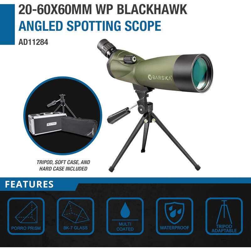 Barska AD11284 Blackhawk 20-60×60 Waterproof Spotting Scope with Tripod & Cases for Birding, Target Shooting, Sports, etc , Green