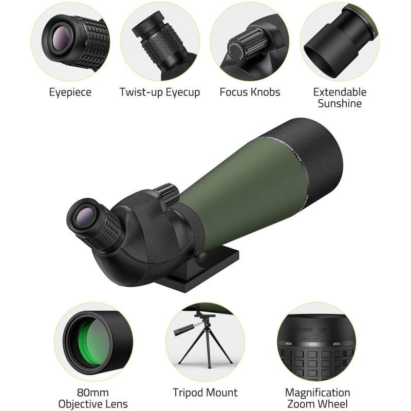 CVLIFE Spotting Scope with Tripod, 20-60×80 Spotter Scope with Phone Adapter, BAK4 High Definition, Wide Field of View, Waterproof Spotting Scopes for Bird Watching, Wildlife Viewing