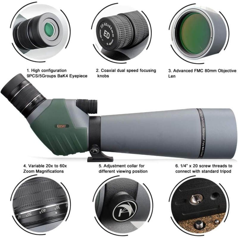Gosky 20-60×80 Dual Focusing ED Spotting Scope – Ultra High Definition Optics Scope with Carrying Case and Smartphone Adapter for Target Shooting Hunting Bird Watching Wildlife Astronomy Scenery