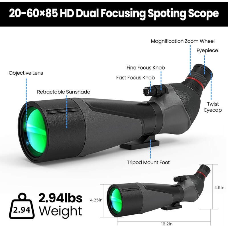 Gosky 20-60×85 Spotting Scope with Full Size Tripod, Phone Adapter and Cleaning Kit, Spotting Scopes for Bird Watching, Wildlife Viewing，Portable with Carrying Bag