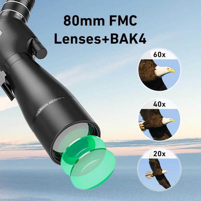Spotting Scope 20-60×80, Dual Focusing ED Spotting Scopes, FMC Lens, BAK4 Ultra High Definition Spotter Scope with Tripod, Phone Holder, Carrying Bag