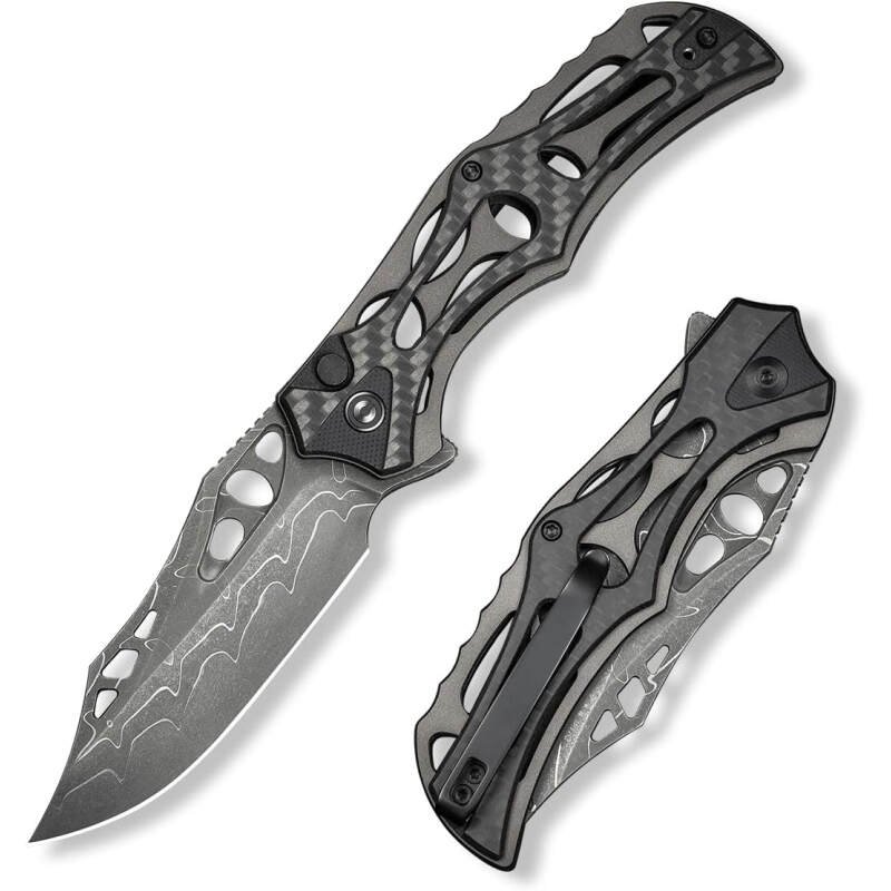 CIVIVI Pocket Knife for Men, Biophase Flipper Tactical Folding Knife, 3.48″ Damascus Blade Aluminum with Carbon Fiber G-10 Handle, Lightweight Skeletonized EDC Knife for Camping Hunting, C23083C-DS1