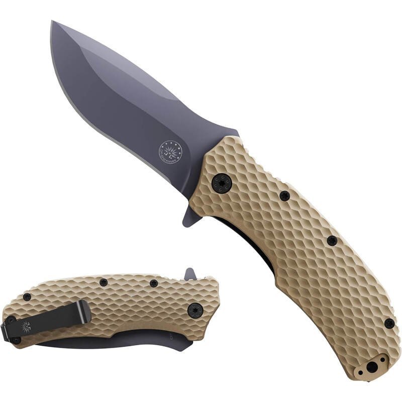 Off-Grid Knives – Rapid Fire Coyote, Large Assisted EDC, Hard Use Construction, Camping and Survival, Cryogenic D2 Blade Steel, Titanium Nitride Coating with G10 Scales, Deep Pocket Carry