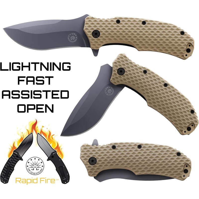 Off-Grid Knives – Rapid Fire Coyote, Large Assisted EDC, Hard Use Construction, Camping and Survival, Cryogenic D2 Blade Steel, Titanium Nitride Coating with G10 Scales, Deep Pocket Carry