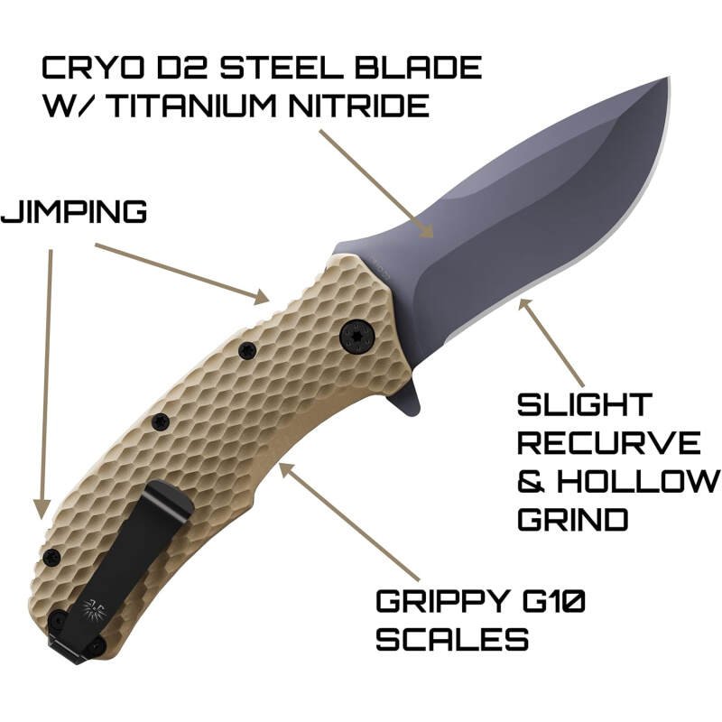 Off-Grid Knives – Rapid Fire Coyote, Large Assisted EDC, Hard Use Construction, Camping and Survival, Cryogenic D2 Blade Steel, Titanium Nitride Coating with G10 Scales, Deep Pocket Carry
