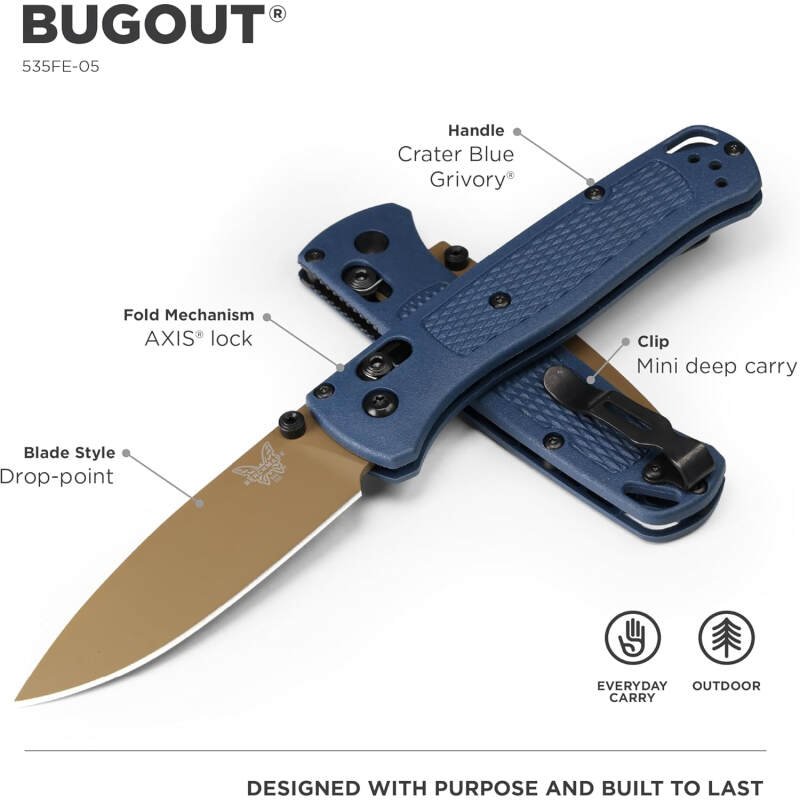 Benchmade – Bugout 535 EDC Knife with Crater Blue Grivory Handle (535FE-05)