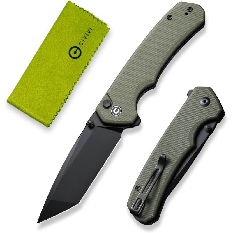 CIVIVI Brazen Folding Knife, Button Lock Pocket Knife with 3.46” Swedish 14C28N Tanto Blade, Ultra-Grip G10 Handle, Low Profile Clip for EDC C19059C-2 (OD Green)