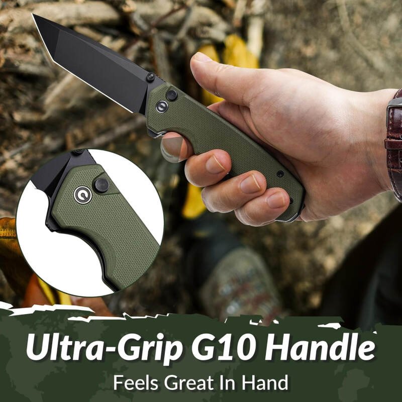 CIVIVI Brazen Folding Knife, Button Lock Pocket Knife with 3.46” Swedish 14C28N Tanto Blade, Ultra-Grip G10 Handle, Low Profile Clip for EDC C19059C-2 (OD Green)