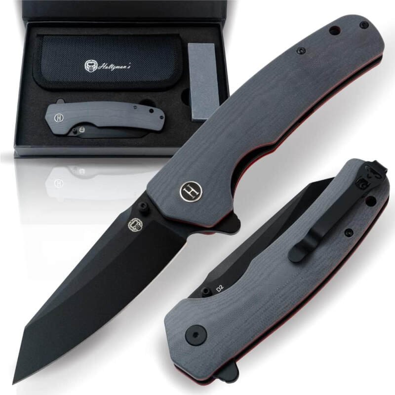 Clip Point Folding Knife with G10 Tactical Handle, D2 Steel Blade, Gift Box Set (Grey+Red) – Ideal for Outdoor Enthusiasts – Holtzman’s Gorilla Survival
