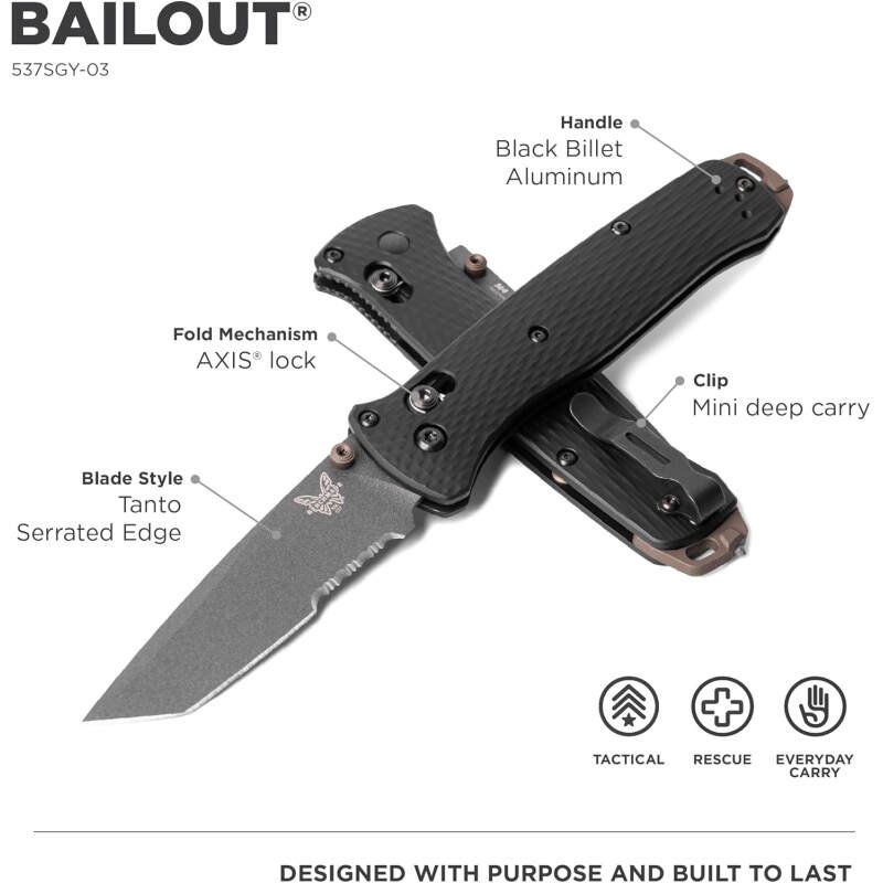 Benchmade – Bailout 537 Tactical Knife with Black Aluminum Handle (537SGY-03)