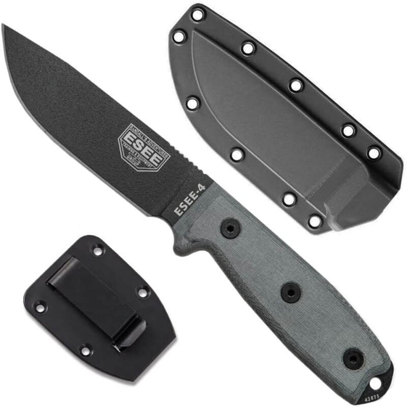 ESEE 4P Survival Knife – Field Tested Fixed Blade Knife with Molded Polymer Sheath & Clip Plate, Full Tang, Plain Edge – Durable Outdoor Camping Blade with Sheath for Survival