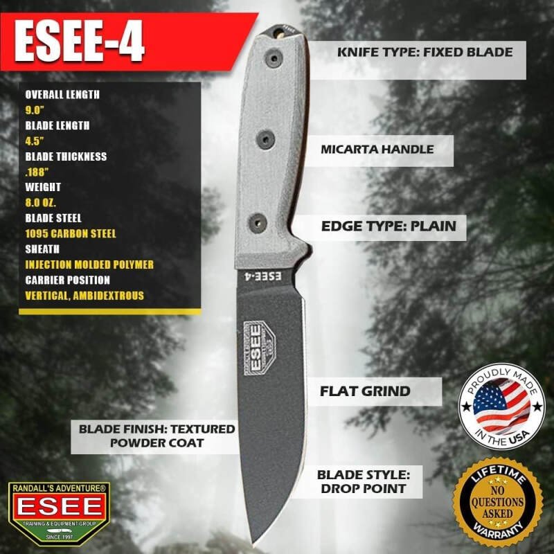ESEE 4P Survival Knife – Field Tested Fixed Blade Knife with Molded Polymer Sheath & Clip Plate, Full Tang, Plain Edge – Durable Outdoor Camping Blade with Sheath for Survival