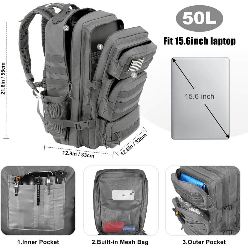 Military Tactical Backpack 50L Large Day Backpack for Men Molle Army 3 Days Assault Pack Bug Out Bag Water Resistant and Heavy Duty Hiking Treeking Rucksack – Grey